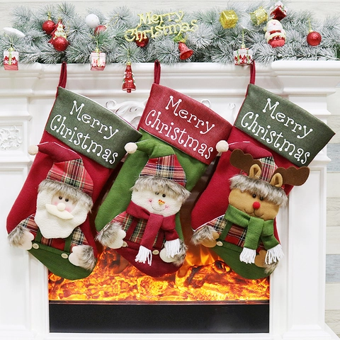 Large Christmas Stockings Santa Snowman Reindeer Plaid Brushed Fabric Hanging Gift Bag Decoration Merry Christmas