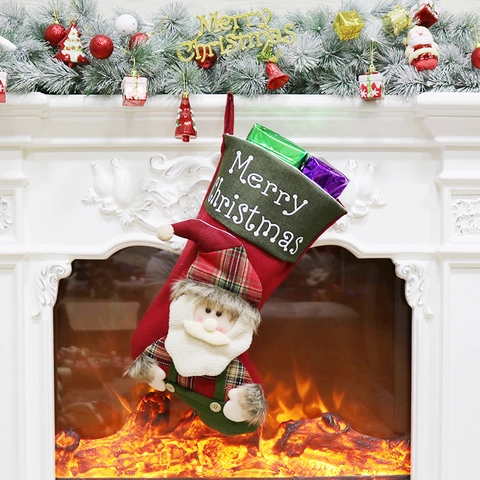 Large Christmas Stockings Santa Snowman Reindeer Plaid Brushed Fabric Hanging Gift Bag Decoration Merry Christmas