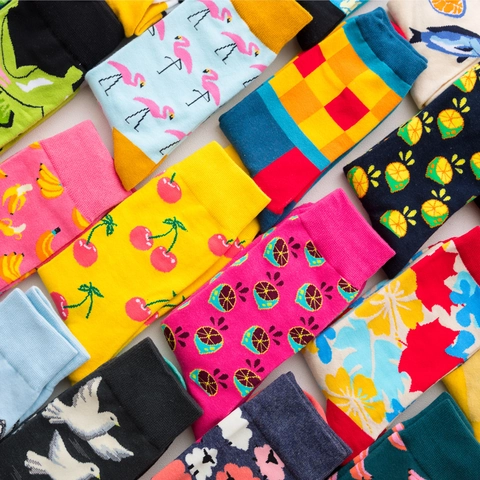 Fashion Crew Socks Cotton Blend Novelty Patterned Argyle Animal Fruit Colorful Breathable Casual Mid Tube For Men Women