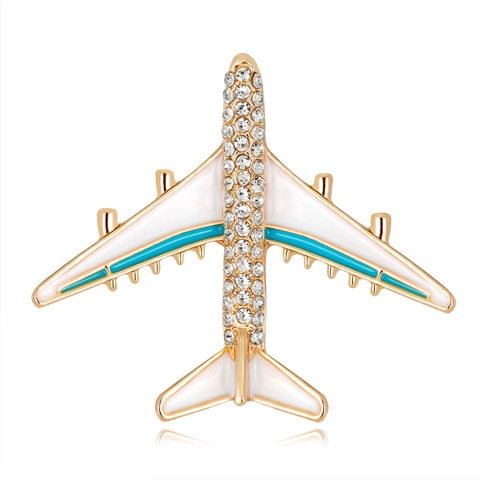 Novelty Alloy Rhinestone Airplane Brooch For Women Men Gold Enamel Aircraft Pin Badge Aviation Jewelry Gift Clothing Accessory