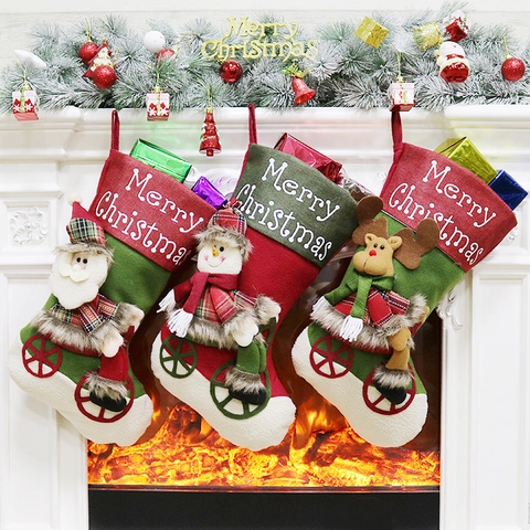 Christmas Stockings Felt Non Woven Fabric Santa Snowman Reindeer Hanging Fireplace Mantel Decor Large Candy Gift Bags