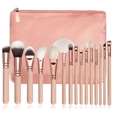 Brochas De Maquillaje Profesionales Mango De Madera Fibras Sintéticas Tubo De Aluminio Oro Rosa Herramientas Con Bolsa De Cuero