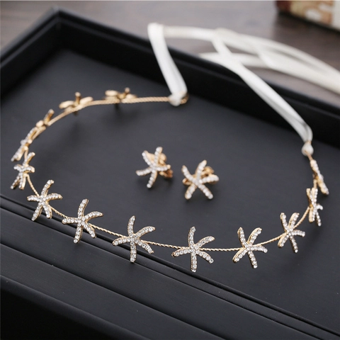 Fascia Per Capelli Stella Marina E Orecchini Lega Strass Nastro Matrimonio Sposa Festa Coreano Elegante Copricapo