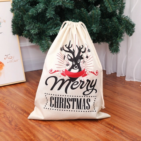 Große Weihnachtsgeschenkbeutel Leinen Kordelzugbeutel Rentier Druck Süßigkeiten Sack Für Weihnachtsfeier Dekoration Aufbewahrung