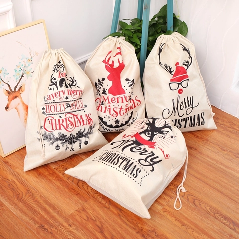 Christmas Gift Bag Linen Drawstring Candy Sack Xmas Reindeer Tree Printed Holiday Party Decorations Storage Pouch