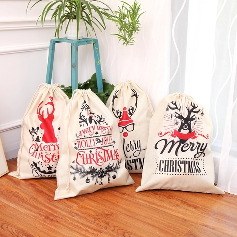 Christmas Gift Bag Linen Drawstring Candy Sack Xmas Reindeer Tree Printed Holiday Party Decorations Storage Pouch