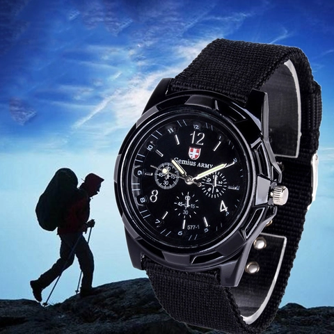 Military Style Quartz Watch Nylon Woven Strap Luminous Hands Analog Display Outdoor Sport Round Alloy Case