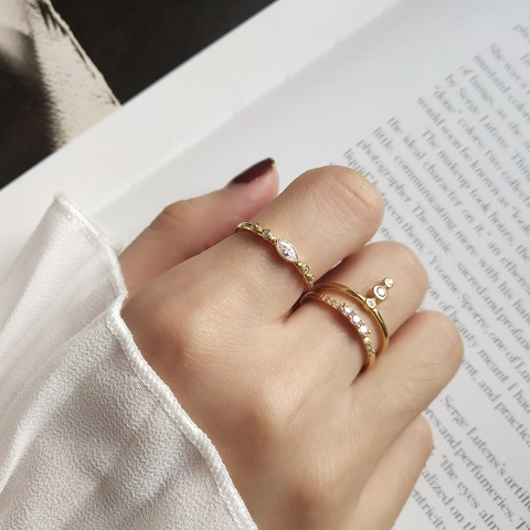 925 Sterling Silver Adjustable Open Ring 18K Gold Plated Cubic Zirconia Stacking Band Korean Style Minimalist Jewelry For Women