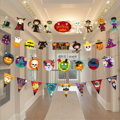 Halloween Banner Ghirlanda Carta Cartoncino Zucca Fantasma Strega Scheletro Vampiro Decorazione Per Feste Casa