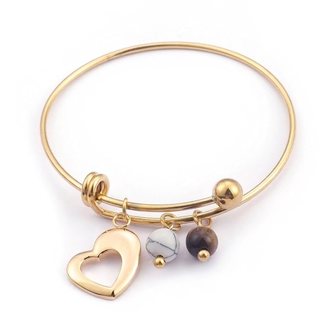 Bracciale Rigido Regolabile Acciaio Inossidabile Titanio Ciondolo Cuore Perline Turchese Bianco Occhio Di Tigre