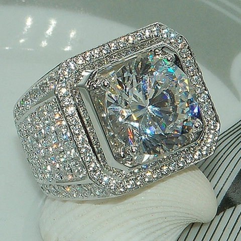 Luxurious Men Square Halo Pave Rhinestone Ring Hip Hop Copper Electroplated Silver Color Micro Inlaid Decorative Finger Ring