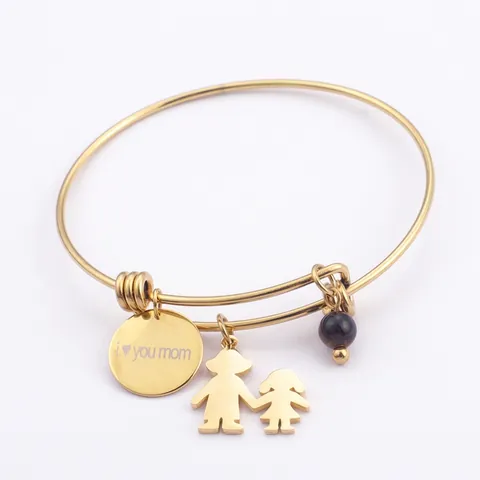 Brazalete Acero Inoxidable Grabado I Love You Mom Colgante Silueta Niño Niña Y Cuenta Ojo De Tigre Regalo Día De La Madre