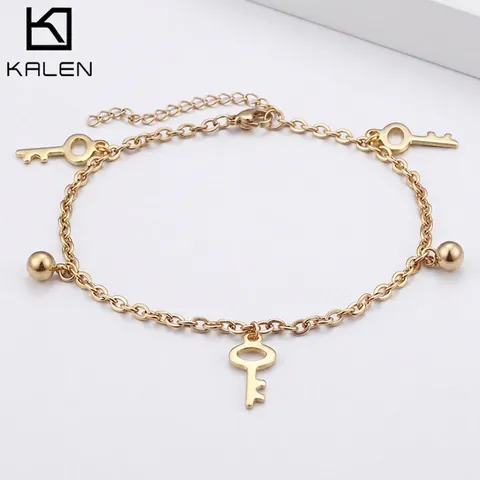 Damen 18K Vergoldet Edelstahl Fußkettchen Mit Schlüssel Und Kugel Anhängern Sommer Strand Schmuck