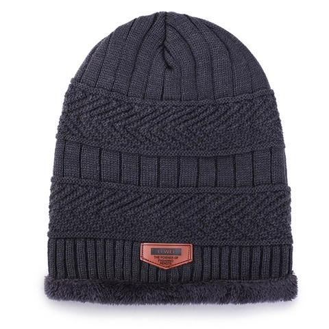 Berretto In Maglia Caldo Invernale Con Fodera In Pile Cappello Spesso Con Toppa In Pelle Unisex Esterno Texture Jacquard