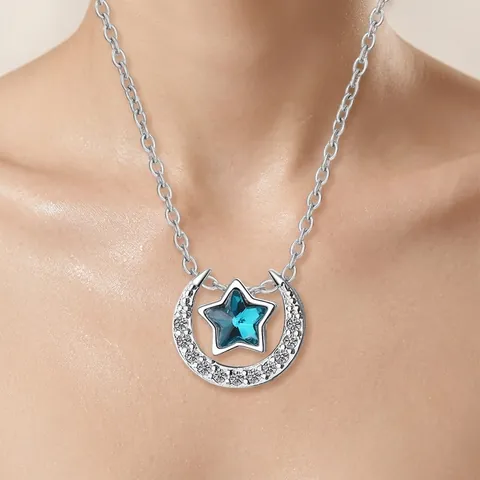 Collana Pendente Stella Luna da Donna in Rame Con Strass Blu Catena a Clavicola Gioielli alla Moda Regalo