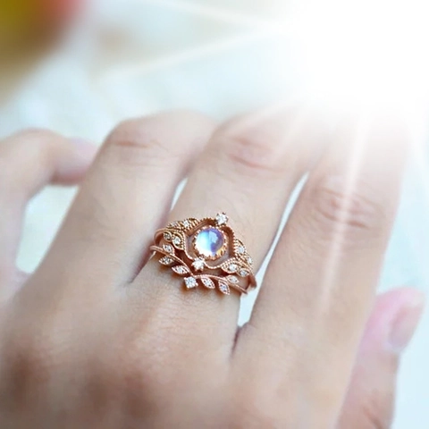 Vintage Boho Mondstein Stapelringe Kupfer Roségold Vergoldet Zirkon Krone Blatt Floral Schmuck Für Damen