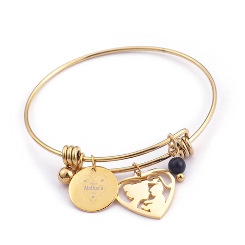 Stainless Steel Bangle Bracelet With Mother Child Heart Charm And Happy Mother's Day Engraved Tag For Mom Gift