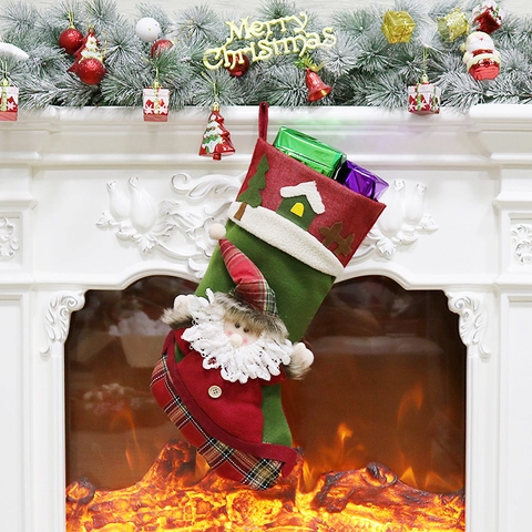 Calza Di Natale Sacchetto Regalo In Tessuto Spazzolato Con Applicazione 3D Babbo Natale Pupazzo Di Neve Renna Arredo Camino Festivo