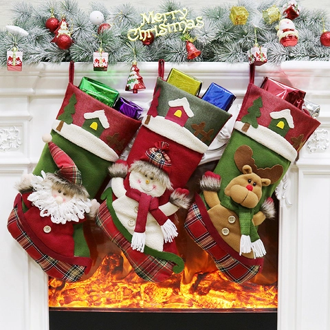 Calza Di Natale Sacchetto Regalo In Tessuto Spazzolato Con Applicazione 3D Babbo Natale Pupazzo Di Neve Renna Arredo Camino Festivo