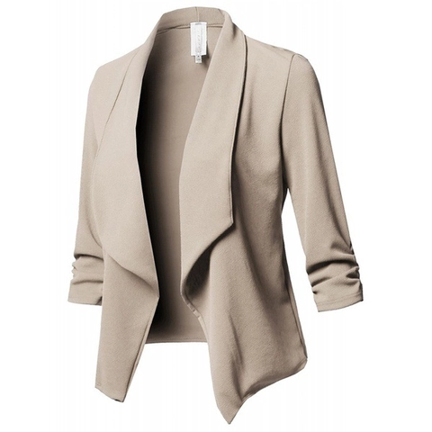 Casual Women Blazer Jacket Ruched Three Quarter Sleeve Open Front Solid Color Lightweight Office Work Coat Outerwear