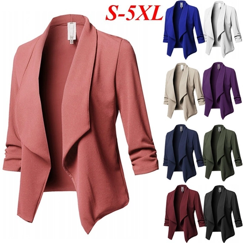 Casual Women Blazer Jacket Ruched Three Quarter Sleeve Open Front Solid Color Lightweight Office Work Coat Outerwear