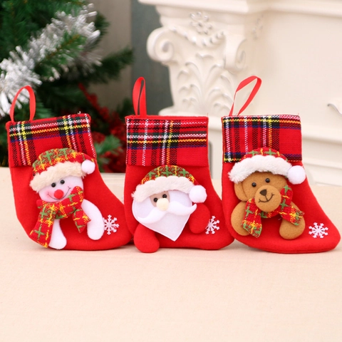 Christmas Stocking Hanging Decoration Felt Plaid Cuff 3D Santa Snowman Reindeer Bear Festive Gift Bag Home Decor