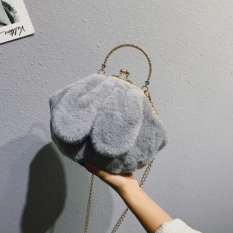 Plüsch Kaninchen Handtasche Kunstfell Umhängetasche Mit Metallgriff Kiss Lock Kette Süßer Koreanischer Stil Für Frauen
