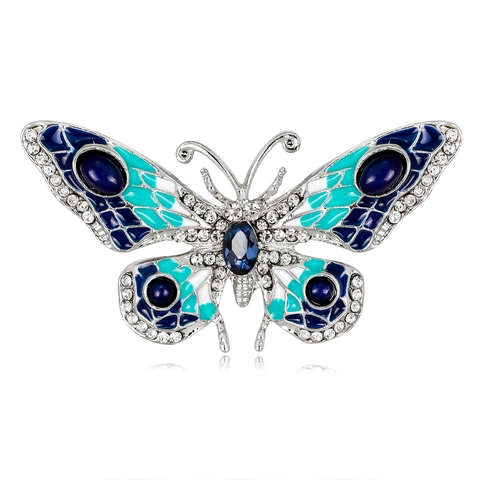 Broche Papillon en Alliage Style Européen Vintage Avec Strass Incrustés Émail Bleu Cyan Broche Animale pour Femmes Bijoux