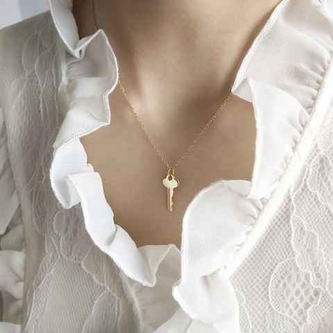 Schlüssel Anhänger Halskette 925 Sterlingsilber 18K Vergoldet Minimalistischer Retro Stil Für Damen