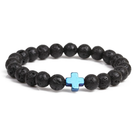 Cross Pendant Natural Lava Rock Tiger Eye Stone Beaded Bracelet Elastic Hematite Jewelry For Men Women