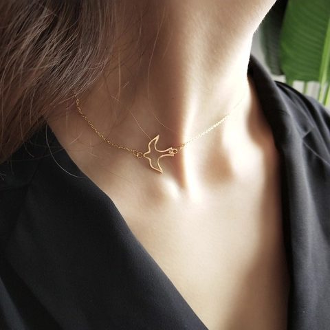 925 Sterling Silber Fliegender Vogel Anhänger Halskette 18K Vergoldet Schwalbe Choker Täglicher Schmuck Für Damen