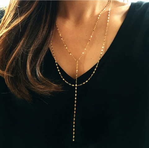 925 Sterling Silver Necklace 18K Gold Plated Double Layer Y-Shaped Geometric Long Chain Minimalist Jewelry For Women