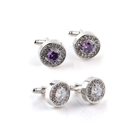 Men Cufflinks Round Alloy Rhinestone Zircon Inlaid Business Formal Wedding Shirt Luxury Accessory Silver Color