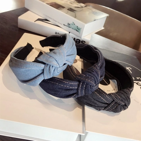 Retro Denim Knotted Headband Wide Brim Hair Band With Contrast Stitching Casual Hair Accessories For Women