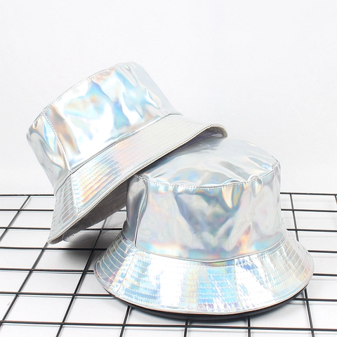 Sombrero De Pescador Plateado Holográfico Reversible Brillante Cuero PU Láser Reflectante 3D Streetwear Moderno
