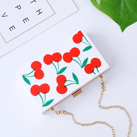 Pochette Da Sera Quadrata In Acrilico Stampa Ciliegia Anguria Borsa Da Festa Catena Dorata Guscio Rigido Stile Dolce Per Donne