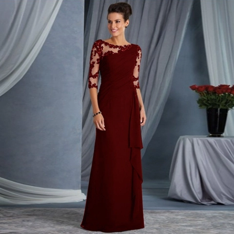 Elegant Round Neck 3/4 Sleeve Lace Mesh Patchwork Pleated Maxi Dress Slim Fit Formal Evening Party Wedding Guest Dress