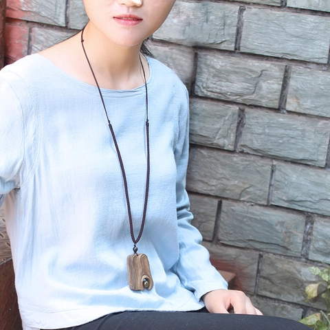 Ethnic Vintage Long Sweater Necklace Handmade Sandalwood Wood Pendant Adjustable Braided Rope Bohemian Jewelry
