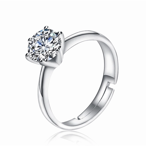 Klassieke Ring Met Zes Klauwen Witgoud Verguld Koper Ronde Zirkonia Eenvoudige Verstelbare Open Band Voor Dames
