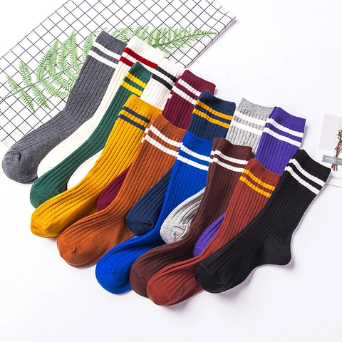 Womens Cotton Crew Socks Ribbed Retro Preppy Double Stripe Mid-Calf Casual Breathable Hosiery For Girls