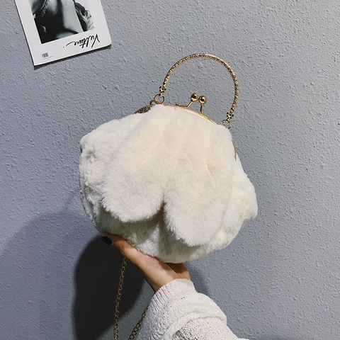 Plüsch Kaninchen Handtasche Kunstfell Umhängetasche Mit Metallgriff Kiss Lock Kette Süßer Koreanischer Stil Für Frauen