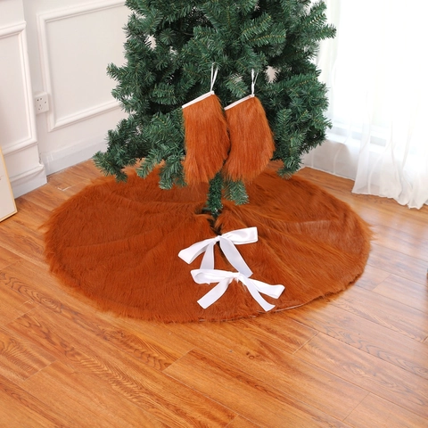 Falda De Árbol De Navidad Marrón Pelo Largo Peluche Alfombra Redonda Decoración De Fiesta Lazo Cinta