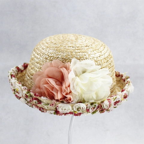 Women Straw Boater Hat Flat Top Summer Beach Sun Shade Hat Elegant Floral Lace Ribbon Polka Dot Mesh Decoration