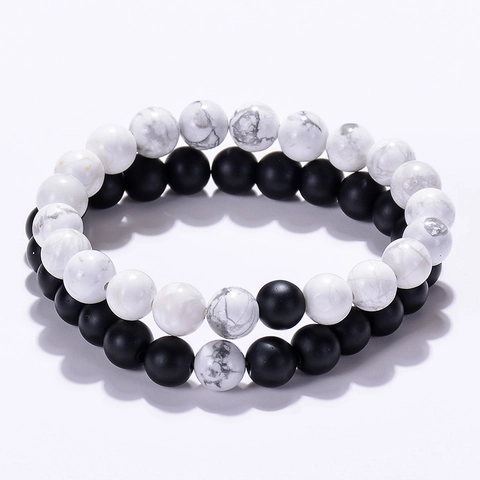 Bracciale Con Perline In Pietra Naturale Pietra Lavica Turchese Bianco Perle Opache Yoga Guarigione Elastico Coppia