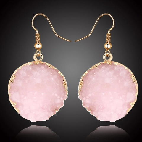 Runde Druzy Harz Hängeohrringe Für Damen Gold Umwickelt Imitation Stein Fischhaken Ohrschmuck Boho Stil