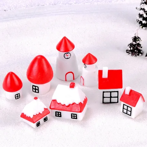 Miniature Christmas House Figurine Resin Snow Winter Village Micro Landscape Ornament For Desktop Garden Decor Cartoon