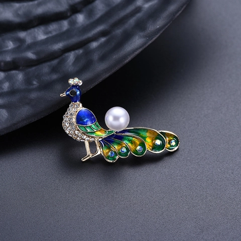 Spilla Pavone Lega Smalto Zircone Finta Perla Artificial Gioielli Vintage Eleganti Accessori Per Abito Donna