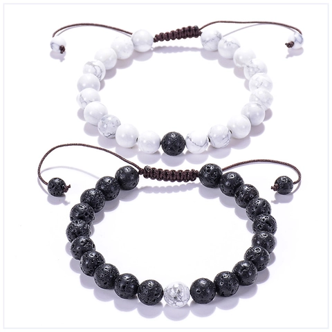 Natural Stone Beaded Bracelet Lava Rock Howlite Tiger Eye Adjustable Hand Woven Rope Matte Jewelry For Men Women