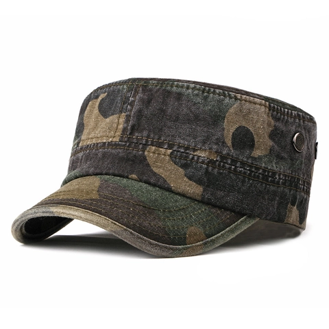 Camouflage Cadet Hat Cotton Washed Flat Top Military Cap Outdoor Sun Protection Adjustable Vintage Army Style