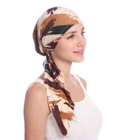 Dames Bedrukte Tulband Hoofddoek Muts Polyester Lange Zijbanden Etnische Stijl Pull-over Chemo Slaapmuts Randloos